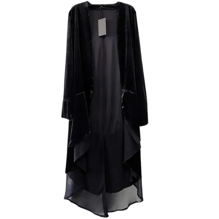 Sobretudo Longo Veludo Com Babado Chiffon