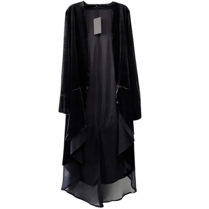 Sobretudo Longo Veludo Com Babado Chiffon