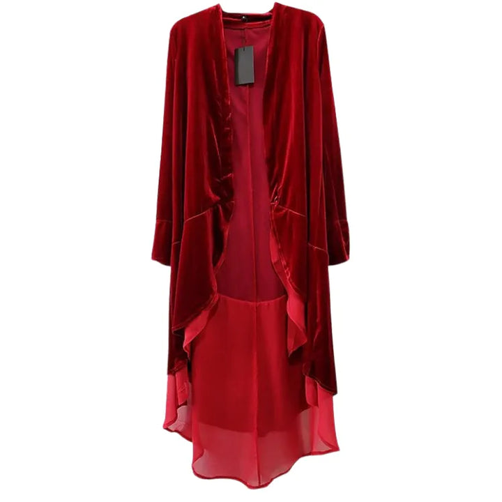 Sobretudo Longo Veludo Com Babado Chiffon