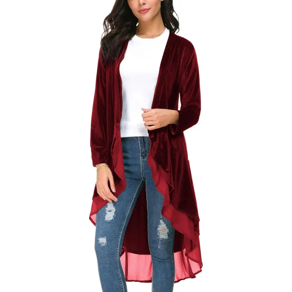 Sobretudo Longo Veludo Com Babado Chiffon