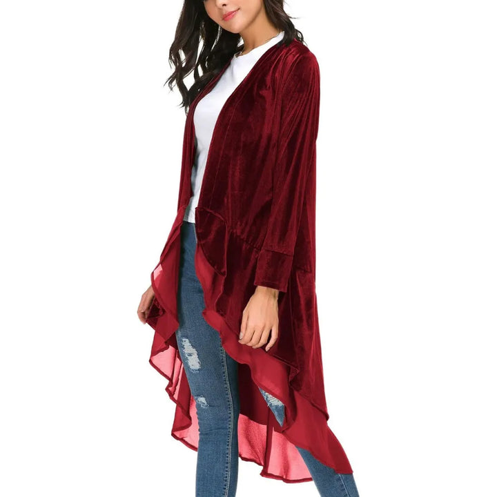 Sobretudo Longo Veludo Com Babado Chiffon