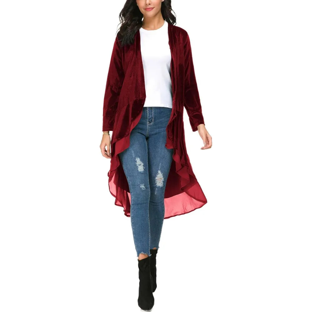 Sobretudo Longo Veludo Com Babado Chiffon