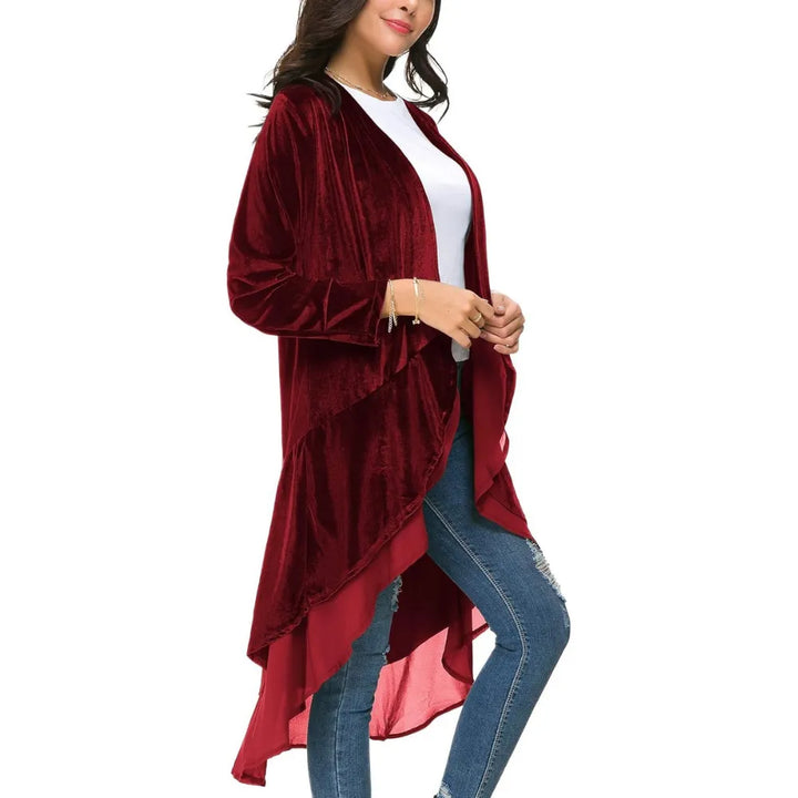 Sobretudo Longo Veludo Com Babado Chiffon