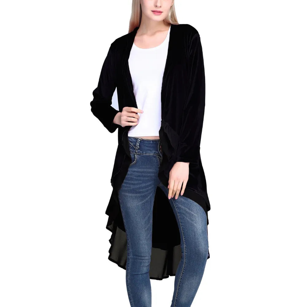 Sobretudo Longo Veludo Com Babado Chiffon