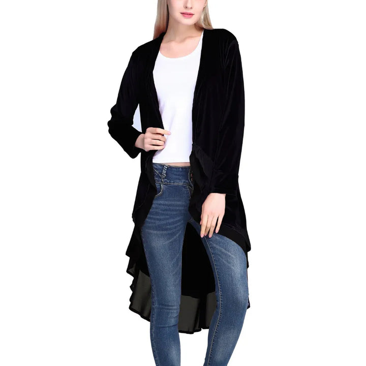 Sobretudo Longo Veludo Com Babado Chiffon