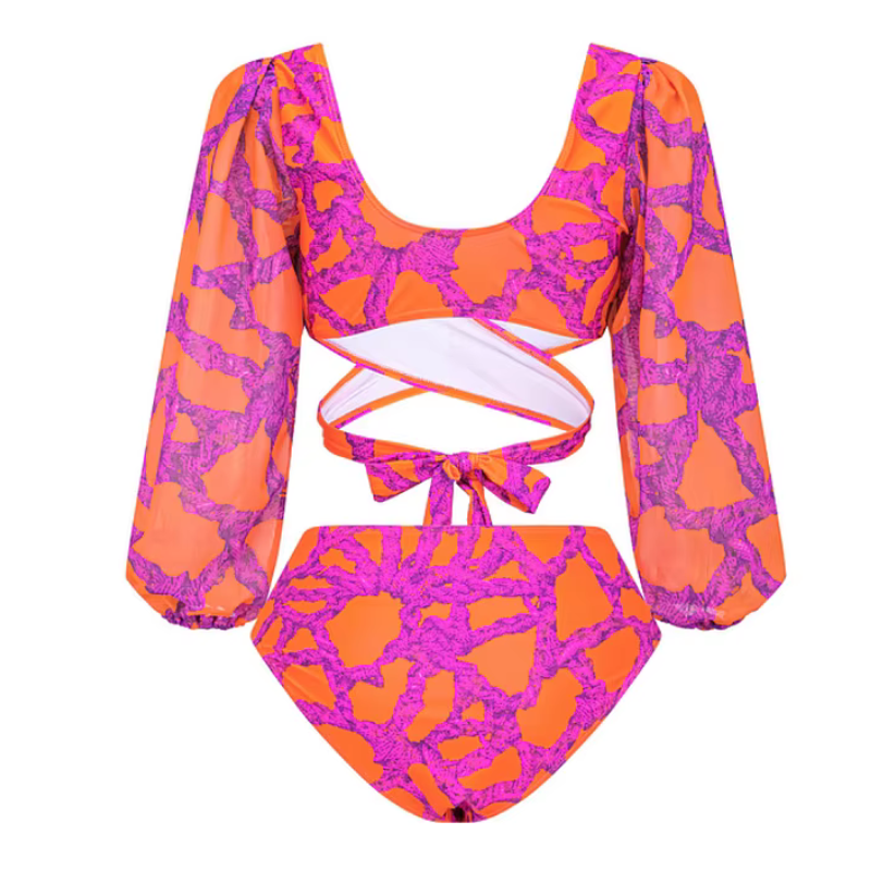 Biquíni Manga Longa Estampa Tropical