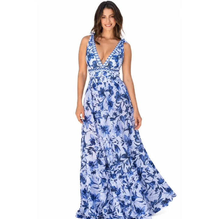 Maiô Azul Floral Decote V