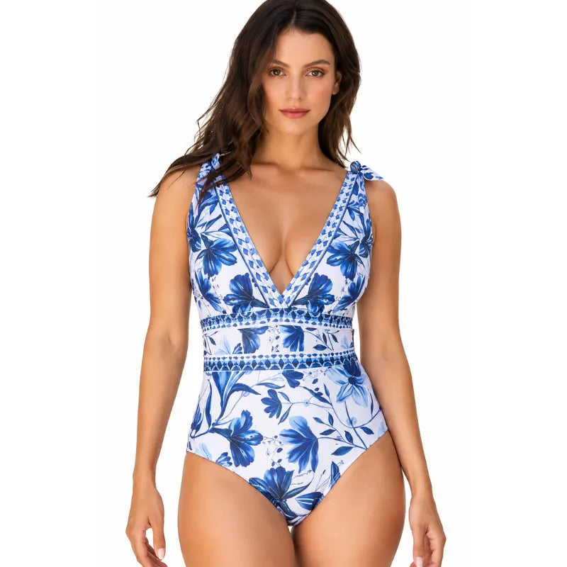 Maiô Azul Floral Decote V