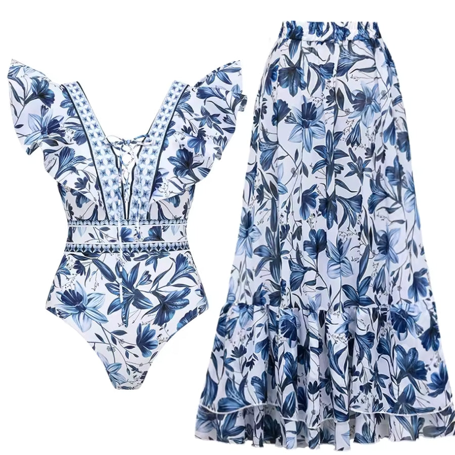 Maiô Porcelana Com Babados Azul Floral com Saída de Praia - Poderosa