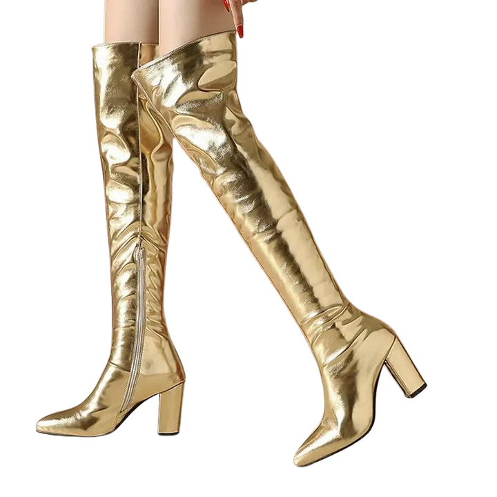 Bota Over The Knee Metalizada Dourada - Poderosa