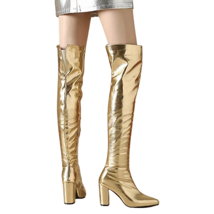 Bota Over The Knee Metalizada Dourada