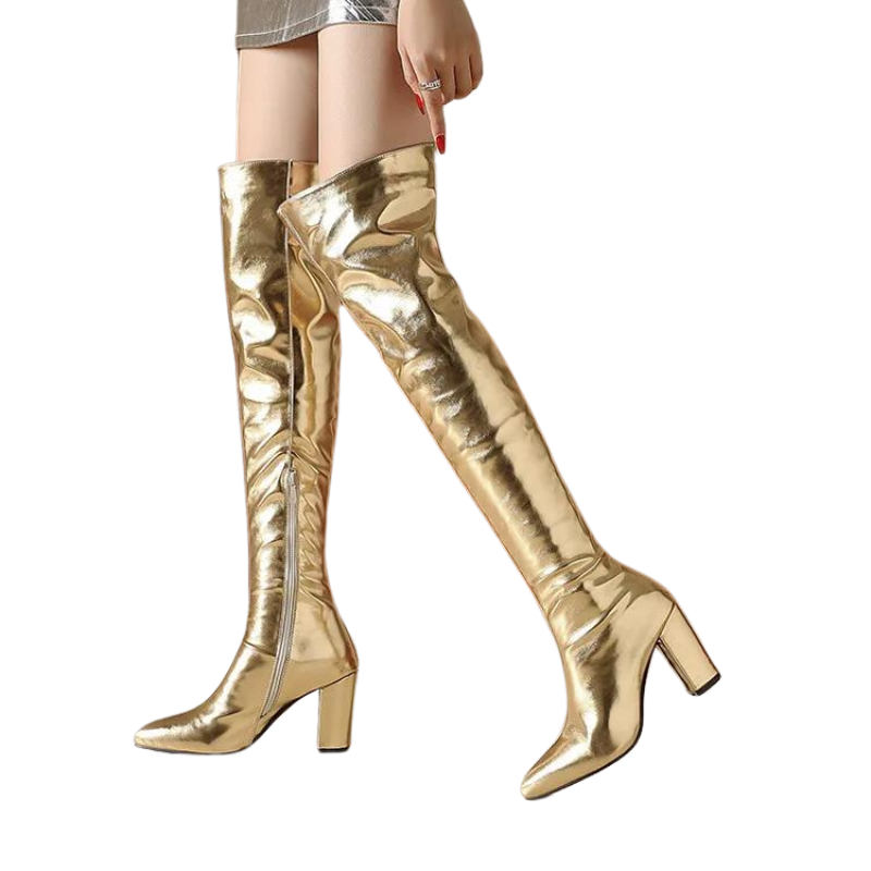 Bota Over The Knee Metalizada Dourada - Poderosa