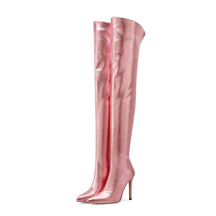 Bota Over The Knee Metalizada Com Salto Fino Rosa - Poderosa