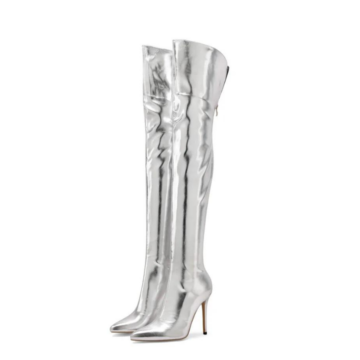 Bota Over The Knee Metalizada Com Salto Fino Prata - Poderosa