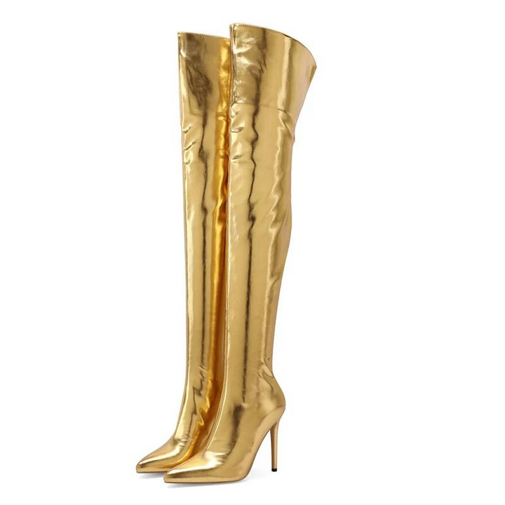 Bota Over The Knee Metalizada Com Salto Fino Dourado - Poderosa