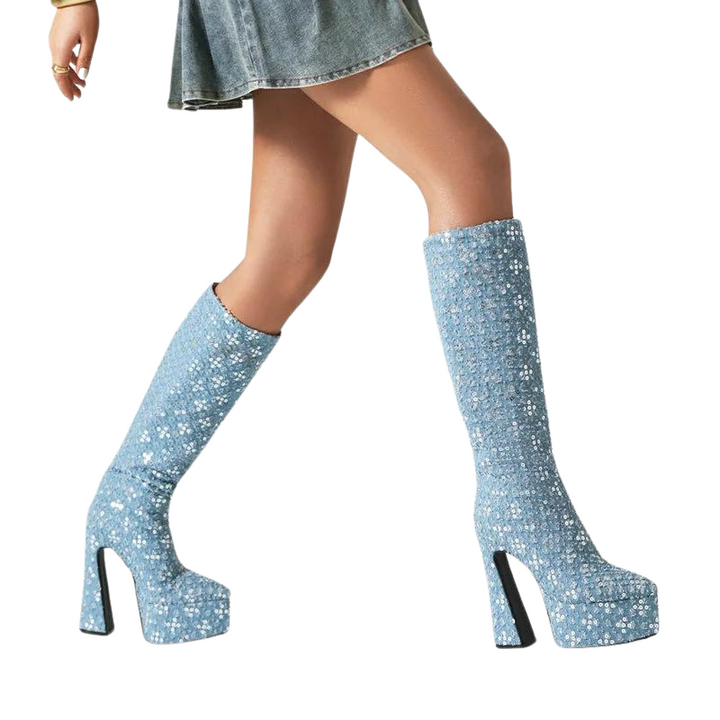 Bota Cano Longo Paetês Azul - Poderosa