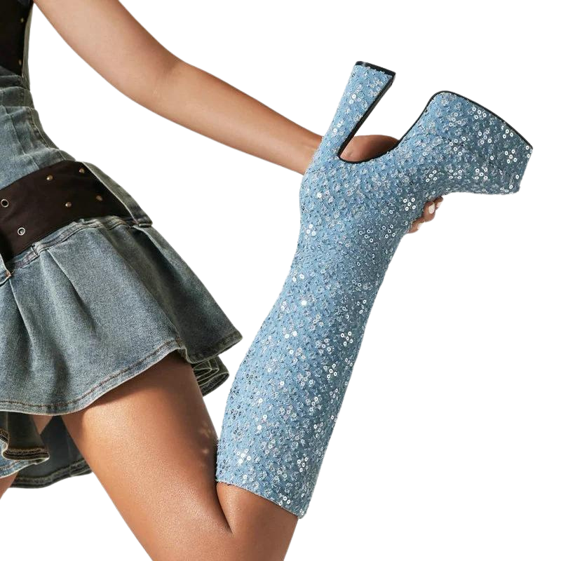 Bota Cano Longo Paetês Azul