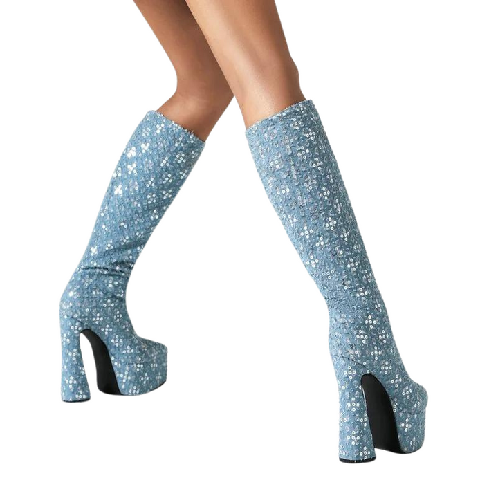 Bota Cano Longo Paetês Azul