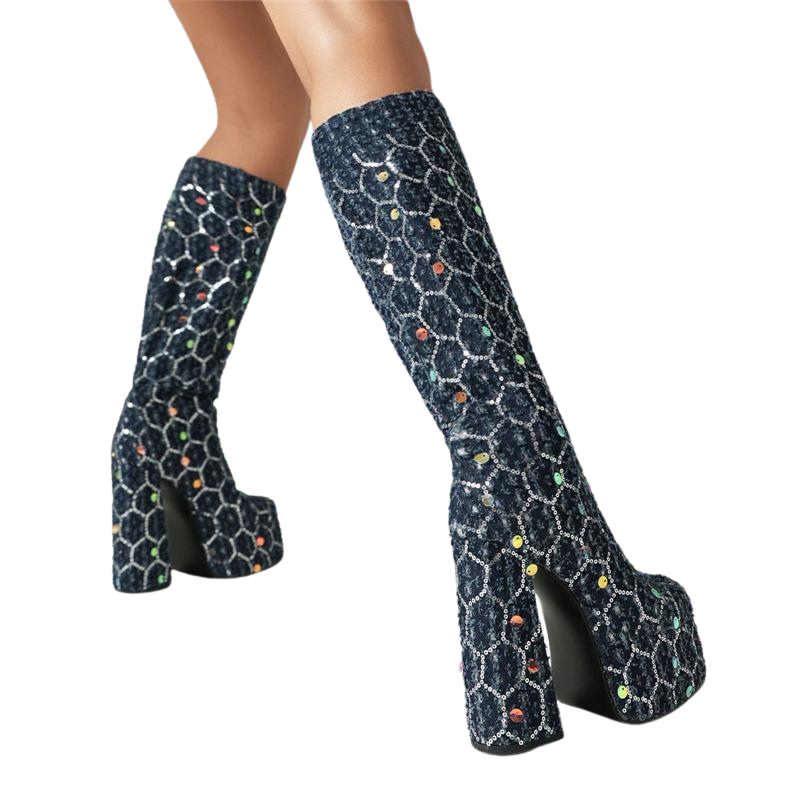 Bota Cano Longo Paetês Preta