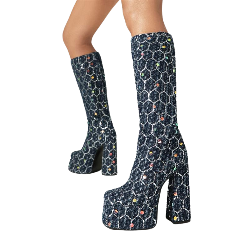 Bota Cano Longo Paetês Preta - Poderosa