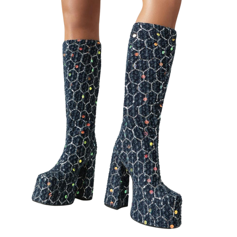 Bota Cano Longo Paetês Preta - Poderosa