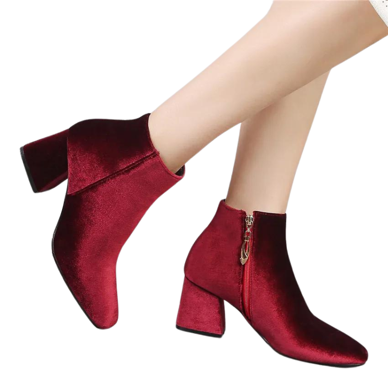 Bota Ankle Boot Veludo Com Salto Bloco Vinho - Poderosa