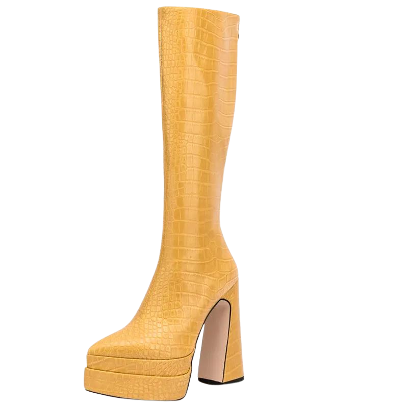 Bota Plataforma Cano Longo Croco Amarela - Poderosa
