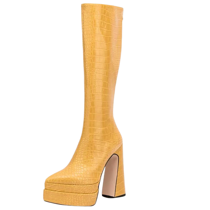 Bota Plataforma Cano Longo Croco Amarela - Poderosa