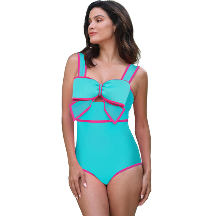 Maiô Azul Turquesa Laço Pink Contrastante