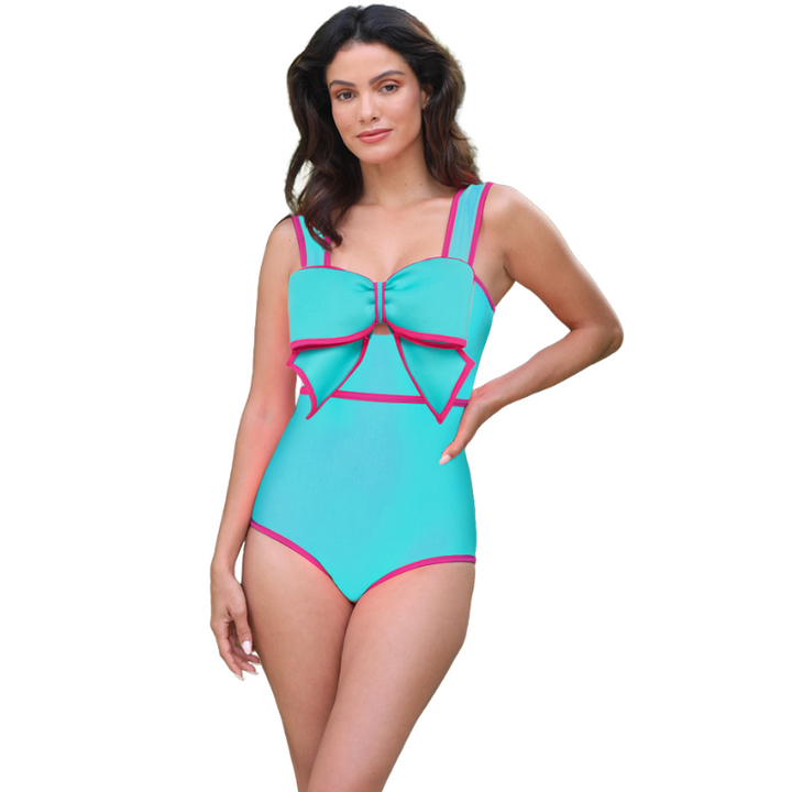 Maiô Azul Turquesa Laço Pink Contrastante