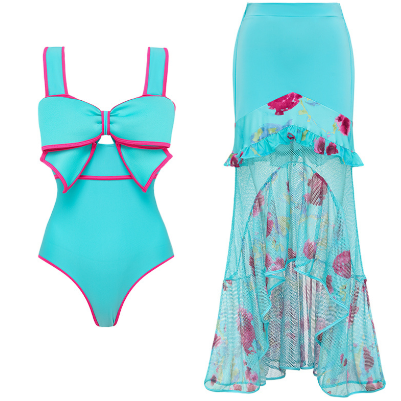 Maiô Azul Turquesa Laço Pink Contrastante
