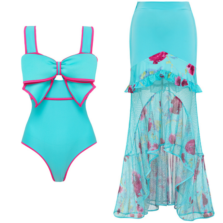 Maiô Azul Turquesa Laço Pink Contrastante