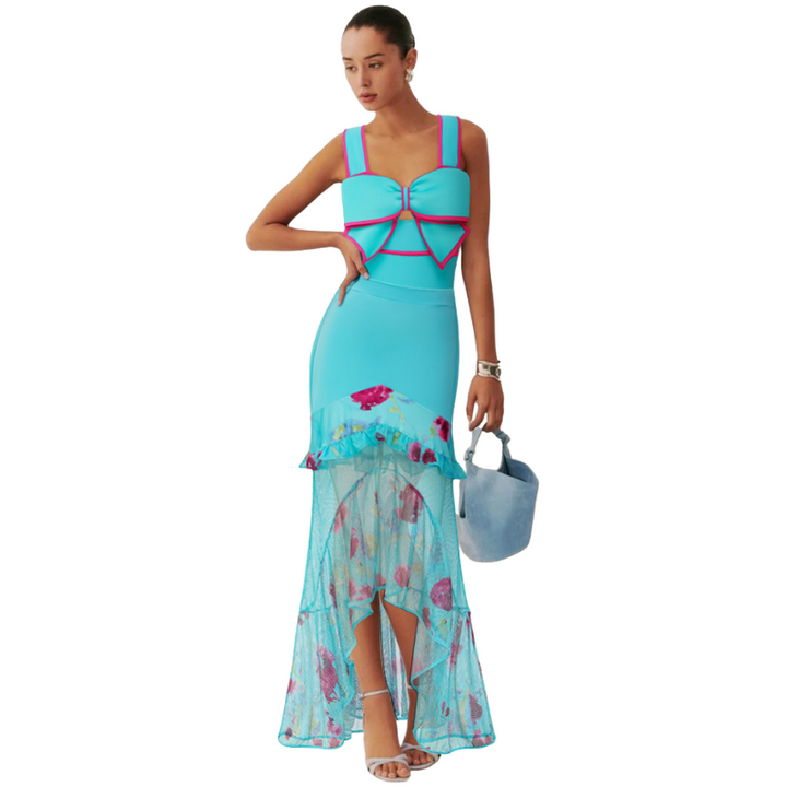 Maiô Azul Turquesa Laço Pink Contrastante