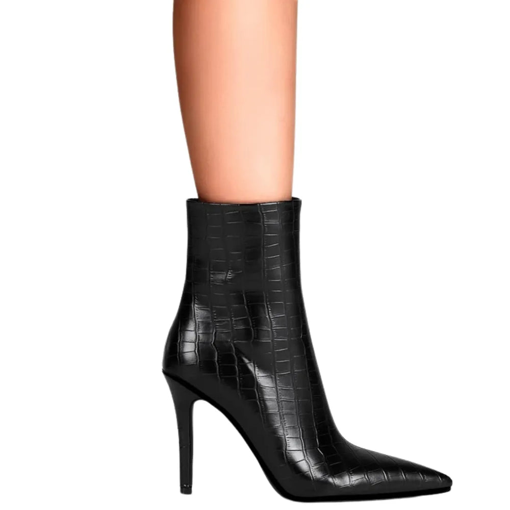 Ankle Boot Preta Croco Salto Fino Preta - Poderosa