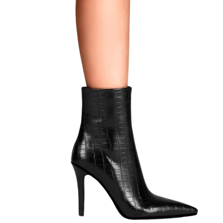 Ankle Boot Preta Croco Salto Fino Preta - Poderosa