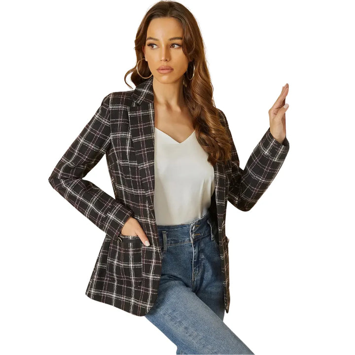 Blazer Feminino Xadrez Clássico Com Bolsos