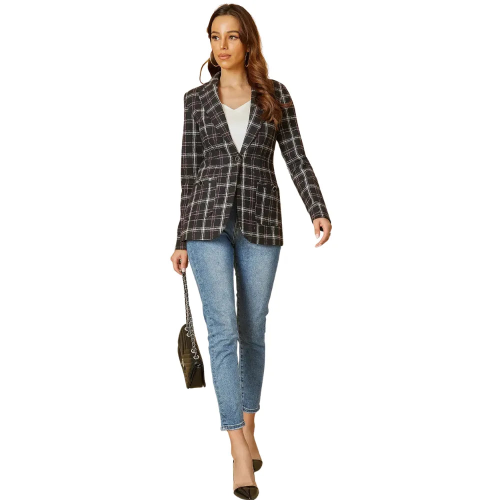 Blazer Feminino Xadrez Clássico Com Bolsos