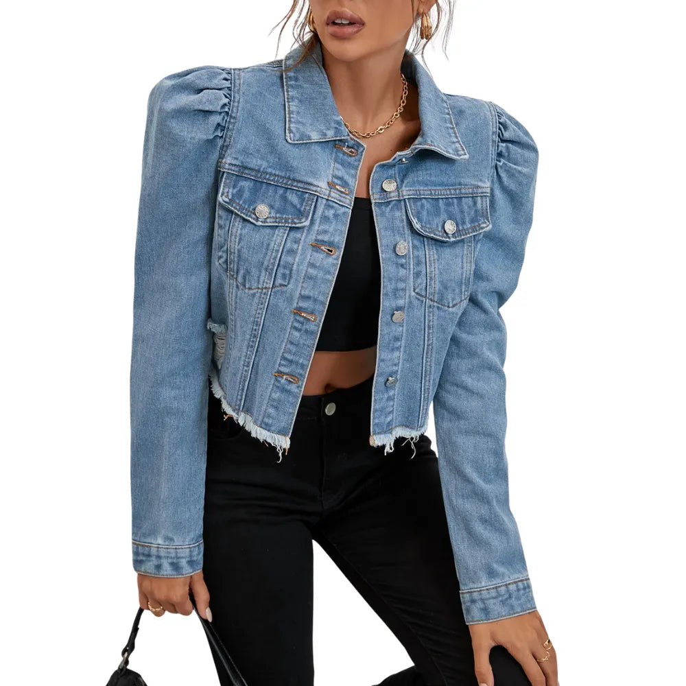 Jaqueta Jeans Cropped Com Barra Desfiada