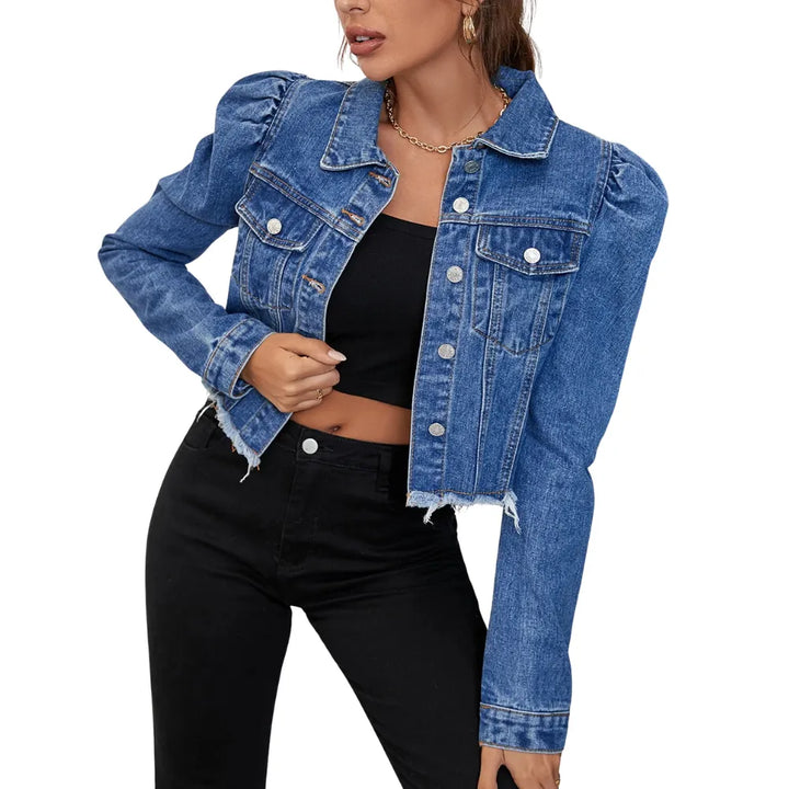 Jaqueta Jeans Cropped Com Barra Desfiada