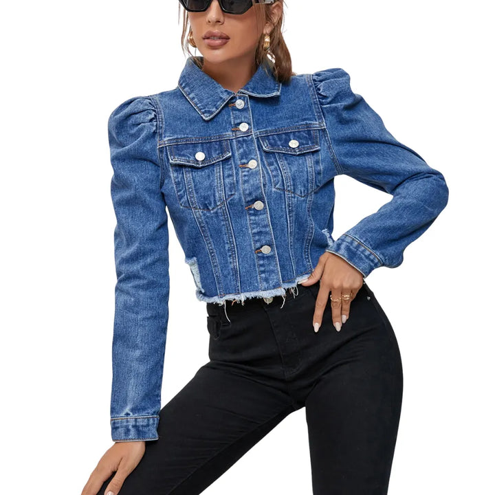 Jaqueta Jeans Cropped Com Barra Desfiada