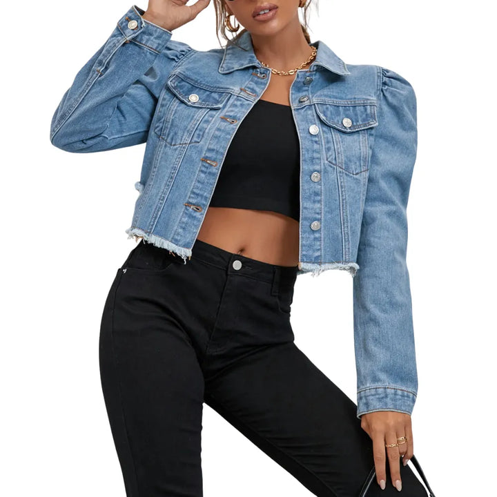 Jaqueta Jeans Cropped Com Barra Desfiada