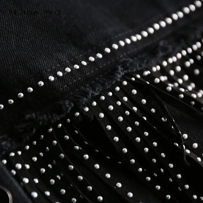 Jaqueta Jeans Feminina Com Apliques Preta