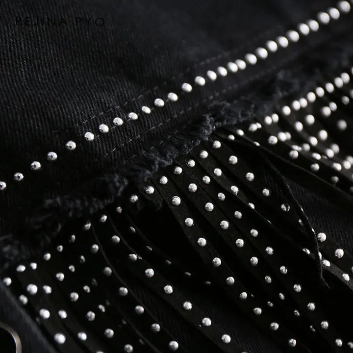 Jaqueta Jeans Feminina Com Apliques Preta