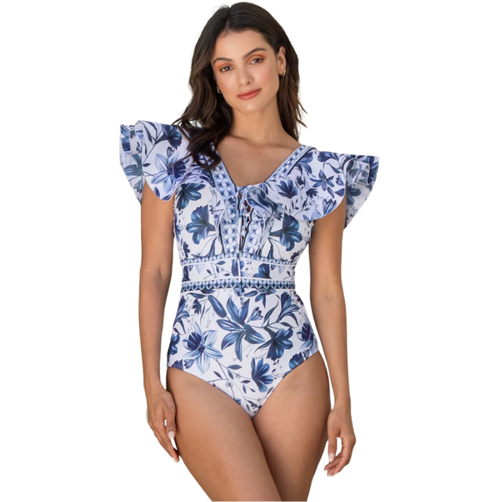 Maiô Porcelana Com Babados Azul Floral - Poderosa