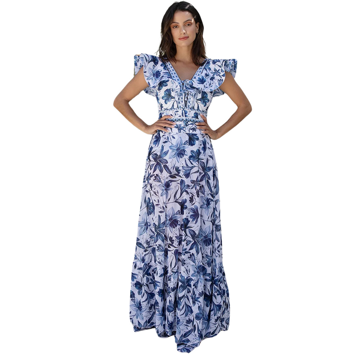 Maiô Porcelana Com Babados Azul Floral com Saída de Praia - Poderosa