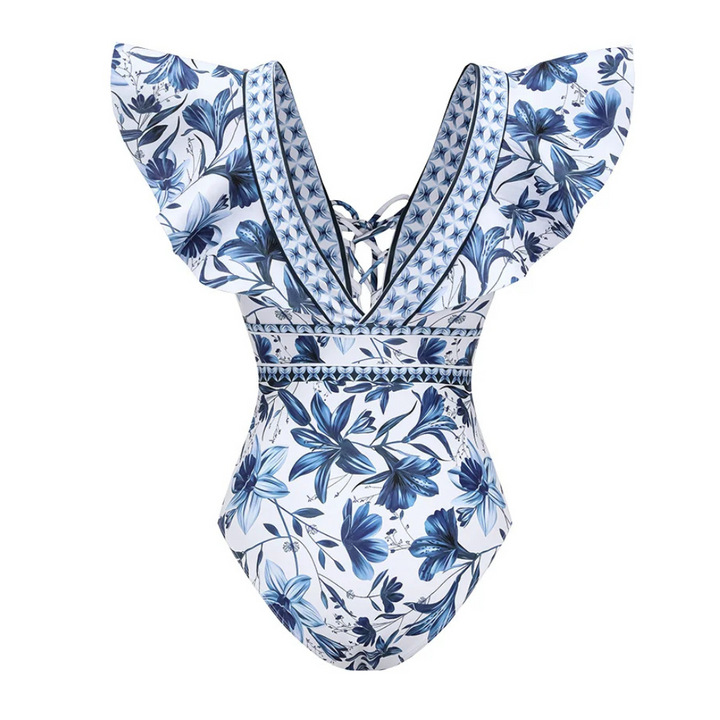 Maiô Com Babados Azul Floral