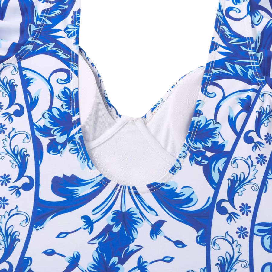 Maiô feminino azul com estampa barroca e alças com babados -Poderosa