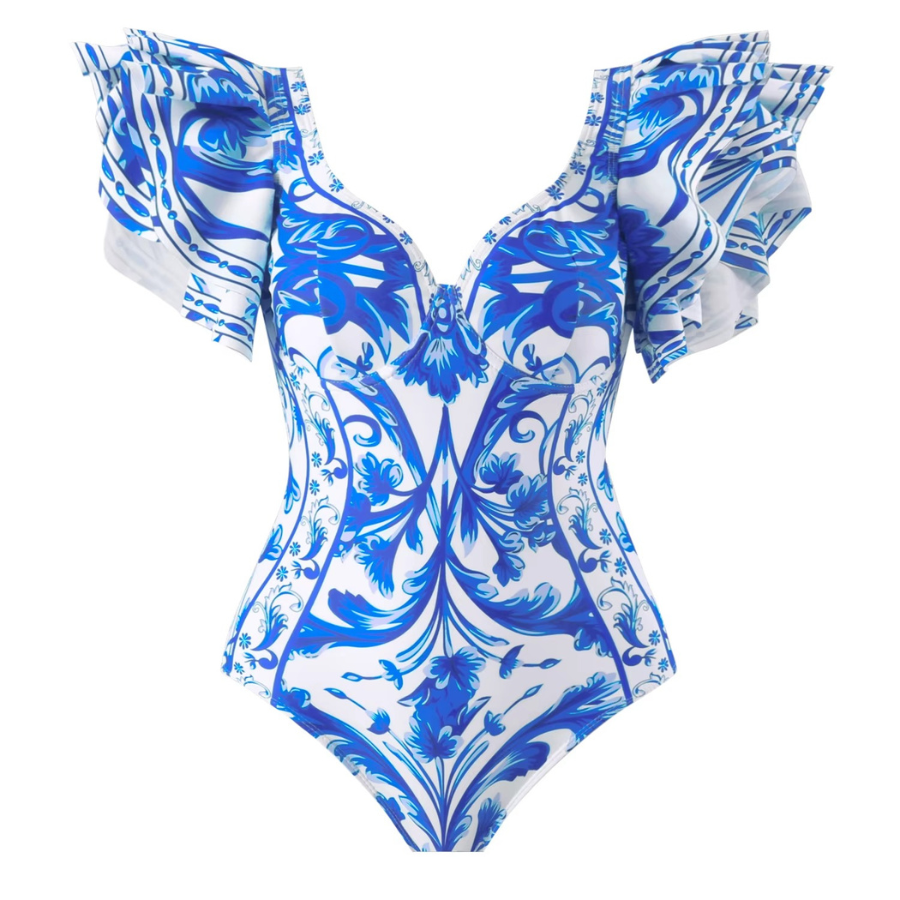 Maiô feminino azul com estampa barroca e alças com babados - Poderosa