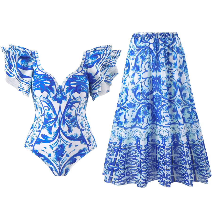 Maiô feminino azul com estampa barroca e alças com babados- Poderosa

