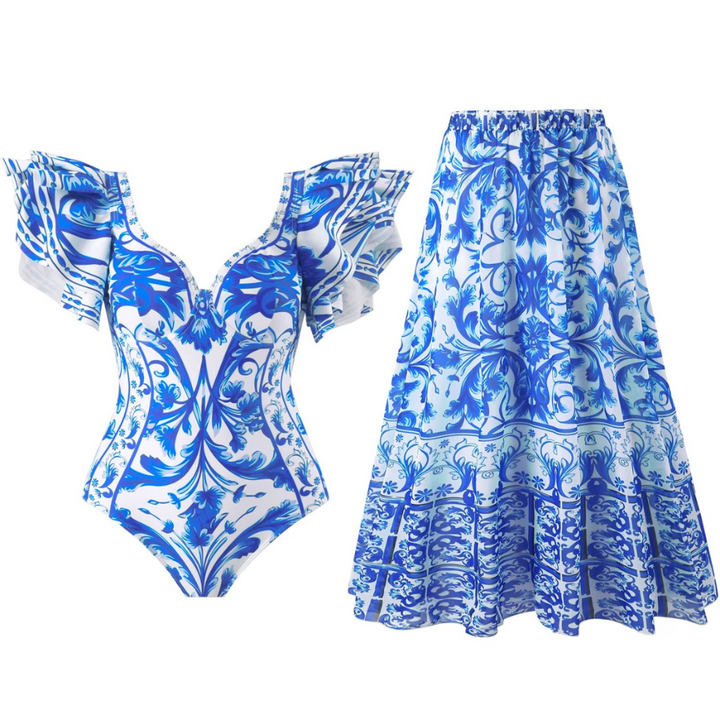 Maiô feminino azul com estampa barroca e alças com babados- Poderosa

